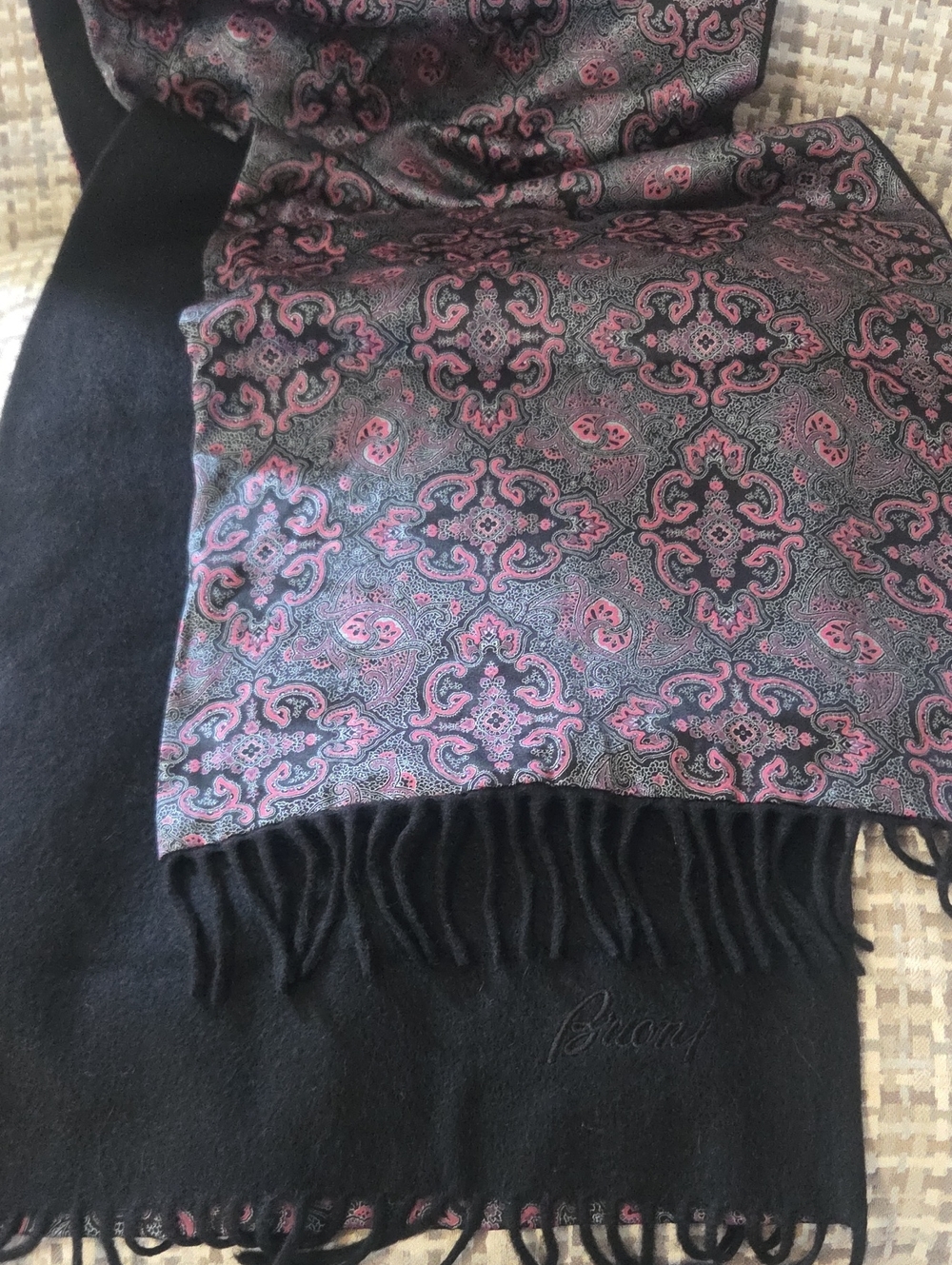 Brioni Paisley Silk & Cashmere Scarf in Black & Pink